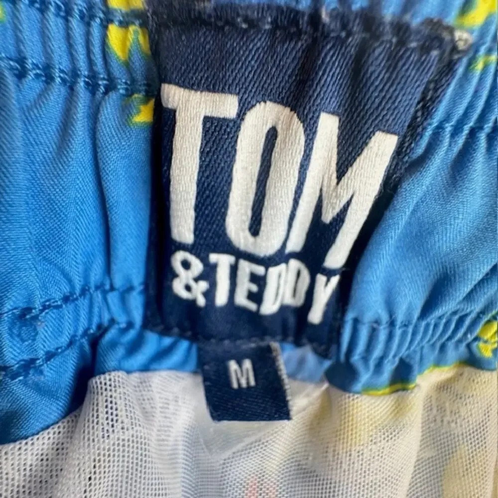 Tom & Teddy Flying Parrots Swim Shorts Men’s M Blue Yellow UPF 50 Mesh Lined
